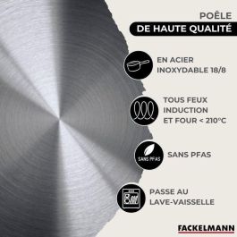 Set de 3 poeles 20, 24 et 28 cm en inox, 3 couvercles verre et 6 ustensiles inox Fackelmann Eterna