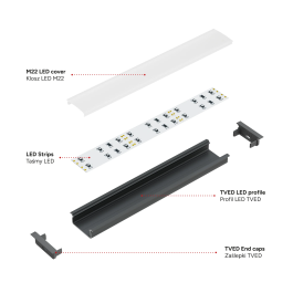 KIMERA Profilé Aluminium TVED Argent Anodisation Diffuseur Opal, Bouchons et Clips de Fixation 2,02m