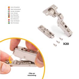 Emuca Lot de 20 charnières super coudées X91 à fermeture amortie avec embases droite à visser, Hauteur 1, Acier, Nickelé