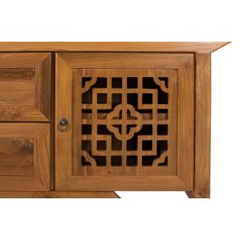 GINER Y COLOMER - Meuble TV en teck massif, style ethnique contemporain avec 2 portes sculptées et 2 tiroirs, finition miel clair, 180 cm de largeur