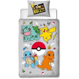 Pokemon Ensemble de lit réversible Pikachu et Starter Gris Microfibre 140 x 200 cm + 63 x 63 cm AAARQ16152