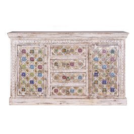 GINER Y COLOMER Buffet en bois de manguier avec détails en céramique et bronze, finition blanc vieilli, 150 x 45 x 95 cm