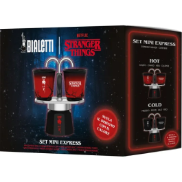 Bialetti Cafetière italienne Moka Express Stranger Things, Noir/Rouge, 130 ml avec 2 tasses thermosensibles - Édition collector
