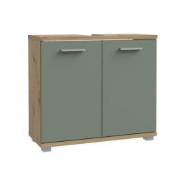 Meuble sous-lavabo - 2 portes - Décor chene & vert sauge - L69,9 x P28,9 x H62 cm - CHAMP