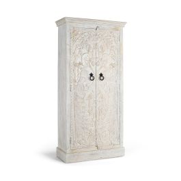 GINER Y COLOMER - Armadio en bois de manguier blanc style ethnique avec portes sculptées à la main - 155x36 cm (portes)