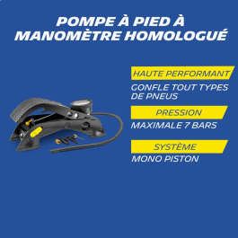 Michelin Pompe à pied avec manomètre homologuée 7 Bar - Modèle 2023 - Flexible 60 cm - Embouts inclus - Pour voiture, moto, vélo, 4x4