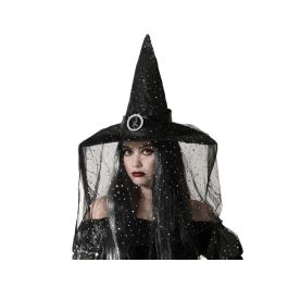 Sombrero de sorcière noir avec voile et paillettes argentées - Accessoire de déguisement gothique ou d'Halloween Precio: 3.552. SKU: B1FPJ5YASN