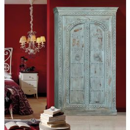 GINER Y COLOMER - Armoire en bois de manguier massif, 2 portes et 3 étagères, finition vert bleuté craquelé style ancien - 204x117x45 cm