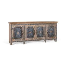 GINER Y COLOMER Aparador Buffet en Bois de Teca Massif Sculpté à la Main, Finition Bicolore Naturel et Bleu Patiné, 95x40 cm
