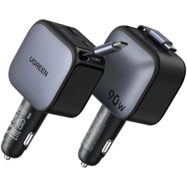 UGREEN Chargeur Voiture 90W USB-C et USB-A avec Câble Rétractable Intégré, Charge Rapide et Double Port, Noir
