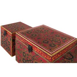 GINER Y COLOMER Fabrica2 - Coffre de rangement en bois de manguier peint à main rouge à motifs floraux dorés et noirs - 2 pièces (35x54x44 cm et 31x31x31 cm)