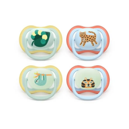 Philips Avent SCF087/22 - Lot de 4 sucettes Ultra Air pour jour et nuit, sans BPA, jaune/orange, apaisantes, respirantes, brillent dans le noir, à 80% d'origine végétale