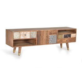 GINER Y COLOMER Meuble TV 160x50x40 cm en bois de mamelonnier couleur noyer clair avec 3 tiroirs et 2 portes, finitions bronze et cuir - 35 kg Precio: 839.988. SKU: B1CCE6PN36
