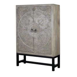GINER Y COLOMER Armoire 2 portes en bois de manguier et métal patiné gris antiquité, avec soleil fleuri et étagères, 180 x 116 x 42 cm Precio: 1571.988. SKU: B1EJN877S4