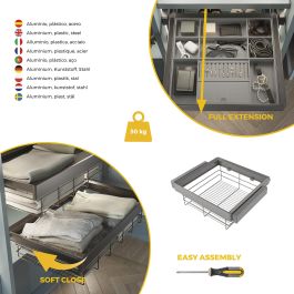Emuca Kit tiroir en fil métallique et rack ajustable Quartz pour armoires, glissières extension totale et à fermeture douce, Module 60cm, Finition Titane