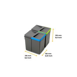 Emuca Kit de bacs de tri sélectif pour tiroirs de cuisine Recycle hauteur 216mm, 2x6litres, Plastique gris anthracite