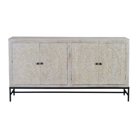 Giner y Colomer Buffet 4 portes en bois de manguier blanc vieilli avec intérieur à étagères, détails sculptés main - 158x38x85 cm environ