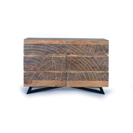GINER Y COLOMER Commode 6 tiroirs en acacia avec pattes en métal, finition naturelle et décor sculpté main, L125 x P40 x H86 cm