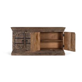 GINER Y COLOMER Buffet 4 portes en bois de manguier massif, fabriqué à la main, portes sculptées motifs floraux avec ferrures et poignées en fer vieilli, couleur marron