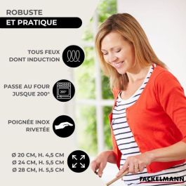 Set de 3 poeles 20, 24 et 28 cm en inox, 3 couvercles verre et 6 ustensiles inox Fackelmann Eterna