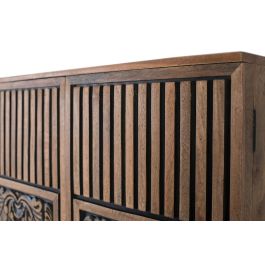 GINER Y COLOMER - Buffet haut en bois de manguier couleur noisette, portes sculptées mandala noir, étagère intérieure, pates tournées métal, dimensions 128x45 cm