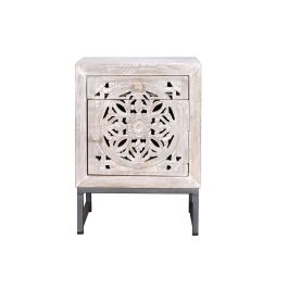 GINER Y COLOMER - Table de chevet ou table d'appoint avec 1 porte et 1 tiroir en bois de manguier massif et pieds métal, finition blanc vieilli et gris, 56 x 40 x 35 cm