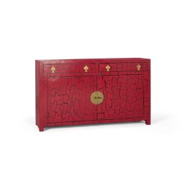 Buffet japonais en bois de manguier et MDF rouge laqué avec finition usée et ferrures dorées - 150x40x90 cm