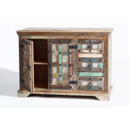 GINER Y COLOMER - Buffet armoire en bois recyclé avec portes et tiroirs, finition multicolore - 80x110x40 cm