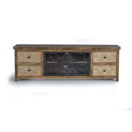 GINER Y COLOMER - Meuble TV en bois de manguier et métal marron vieilli, 4 tiroirs et 2 portes, 170x55x40 cm