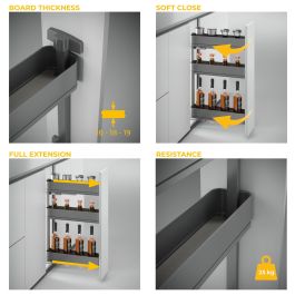 Emuca Porte-bouteilles latéral extractible Harmony avec fermeture amortie, Module largeur 150mm hauteur 800mm, Acier et Bois, Gris anthracite