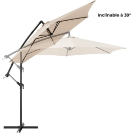 AUREA Parasol déporté Ø 3 m - Structure aluminium, toile polyester 180 g/m² - Crème - 6 baleines acier, ouverture par manivelle