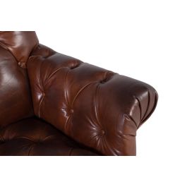 GINER Y COLOMER - Fauteuil en cuir véritable marron avec capitonnage, dossier haut et accoudoirs, pattes en bois et roulettes - 99x92x94 cm