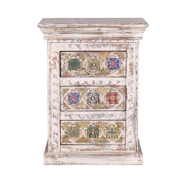 GINER Y COLOMER Table de nuit en bois de manguier avec incrustations de céramique et bronce, finition blanc vieilli, 3 tiroirs, 65 x 50 x 40 cm