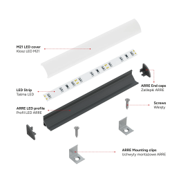 KIMERA Profilé Aluminium ARRE Anodisé Noir avec Diffuseur Opal, Tapons et Clips de Fixation 2.02M