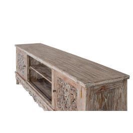 GINER Y COLOMER Buffet TV en bois de teca finition blanc lavé avec sculptures artisanales, 2 portes, 190 x 42 x 64 cm