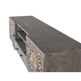 GINER Y COLOMER - Meuble TV en bois de manguier massif gris décapé avec portes sculptées et tiroir - 150 cm de large