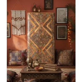 GINER Y COLOMER - Armoire en bois de manguier massif 2 portes 170 cm, couleur naturelle - Design compact avec portes à incrustations et miroirs