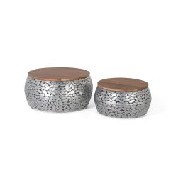 GINER Y COLOMER Lot de 2 Tables Basses en Bois de Manguier Naturel et Aluminium Argenté, Modèles Contemporains (Ø 55 cm / Ø 70 cm) Precio: 359.988. SKU: B1C6SABEF5