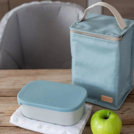 BEABA Fiambrera infantil de acero inoxidable, tapa de silicona y funda protectora, Terciopelo gris y azul