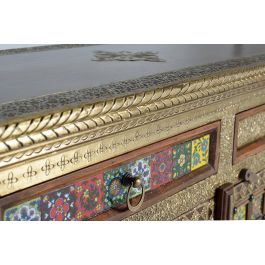 GINER Y COLOMER - Buffet en acacia massif style ethnique avec incrustations céramiques et bronze, couleur cerisier, 3 tiroirs et 3 portes, 90x150x40 cm