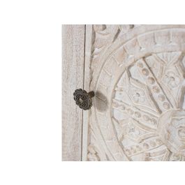 GINER Y COLOMER Table de Chevet en Bois de Mango Acajou, Finition Sable avec Porte Sculptée à la Main, Tiroir et Poignée Noire