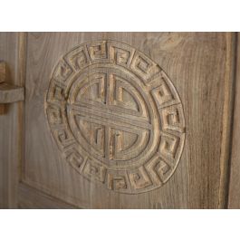 GINER Y COLOMER - Buffet en bois de teca massif style oriental avec 2 tiroirs et 2 portes sculptées, finition naturelle rustique - Dimensions L110 x P41 x H77 cm