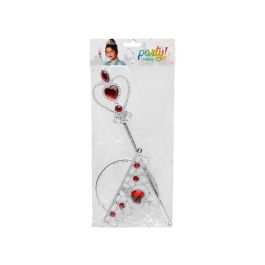 Tiara plateada avec coeurs et baguette rouge pour princesse enfant - Couronne de princesse avec décor coeurs et baguette magique pour déguisement fille, carnaval, fête