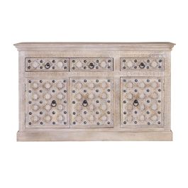 GINER Y COLOMER Buffet artisanal en bois de manguier naturel avec 3 portes et 3 tiroirs, finition patine blanche et détails en fer vieilli - Style BAKRA (92x150x40 cm)