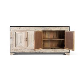 GINER Y COLOMER Buffet 4 Portes en Bois de Mango Sculpté à la Main Talla2 - Ton Naturel et Noir avec Poignées Bronze - 195 cm