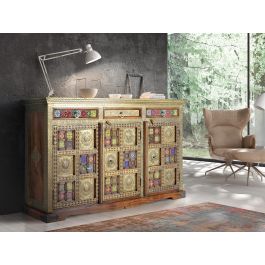 GINER Y COLOMER - Buffet en acacia massif style ethnique avec incrustations céramiques et bronze, couleur cerisier, 3 tiroirs et 3 portes, 90x150x40 cm
