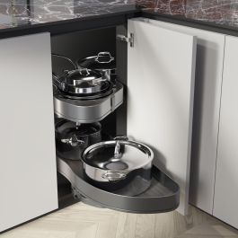 Emuca Systéme d’angle Lake Harmony pour meuble de cuisine, Gauche, Hauteur réglable, Acier et Bois, Gris anthracite