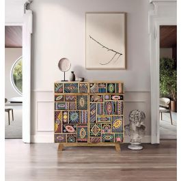 Giner y Colomer - Buffet en bois de manguier massif 80 cm, 2 portes 2 tiroirs, finition naturelle avec détails peints à main