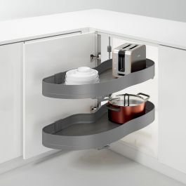 Emuca Systéme d’angle Lake Harmony pour meuble de cuisine, Droite, Hauteur réglable, Acier et Bois, Gris anthracite