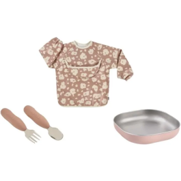 BEABA Savannah Bloom Coffret cadeau 1er repas bébé - Assiette inox, couverts ergonomiques, bavoir à manches et boîte à souvenirs